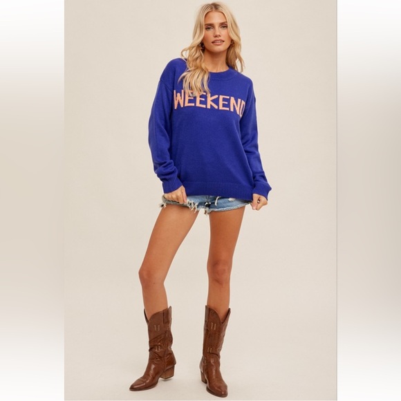 883. Hem & Thread Cobalt Blue Weekend Crew Neck Sweater Pullover New Item NWT - Picture 2 of 7